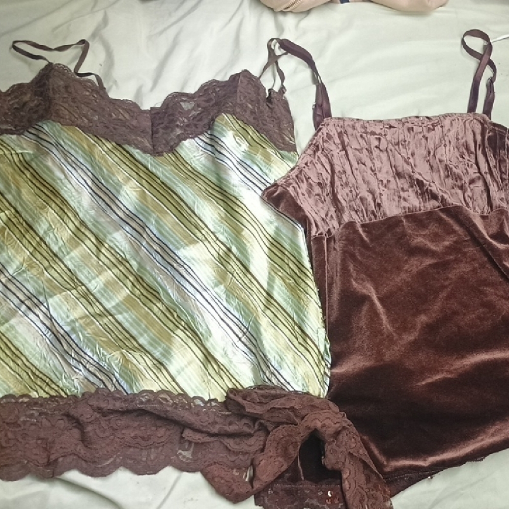 No Boundaries Lace Trimmed Brown and Striped Green Tank Tops